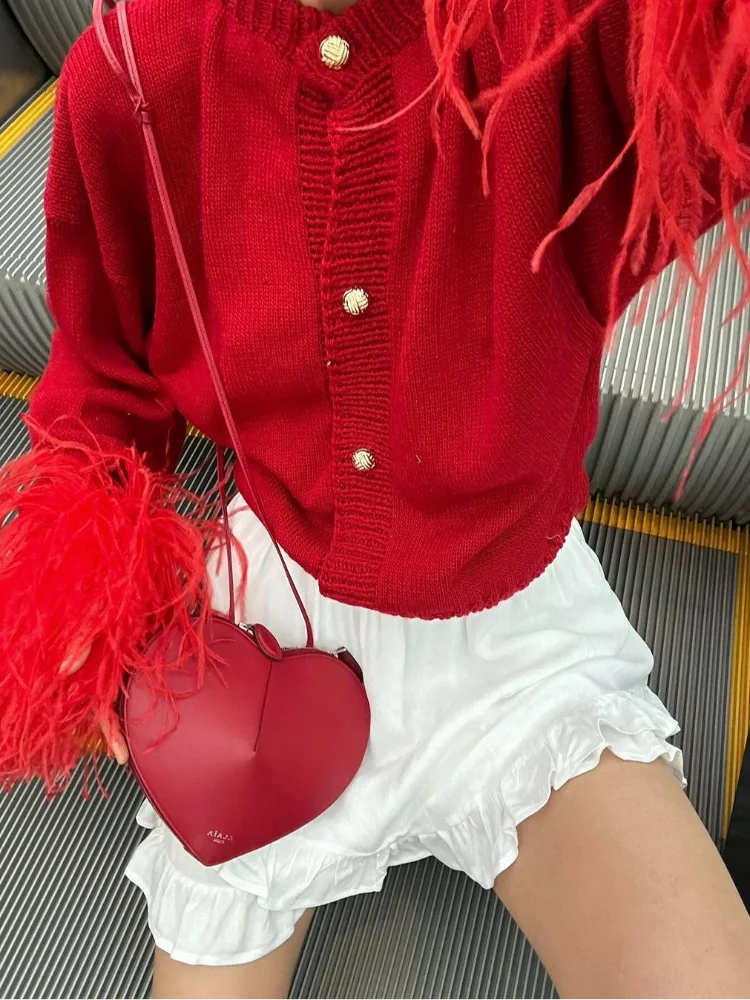 Chic Red Spliced Feather Cuffs Women's Knitted Cardigan Elegant O-neck Metal Buttons Long Sleeve Sweater 2024 Fall Lady Knitwear