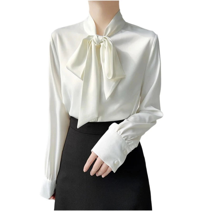 Lace Up Stand Collar Satin Shirts Solid Color Blusa Feminina Long Sleeve Pullover Tops OL Elegant Shirts Femme Korean Blouse