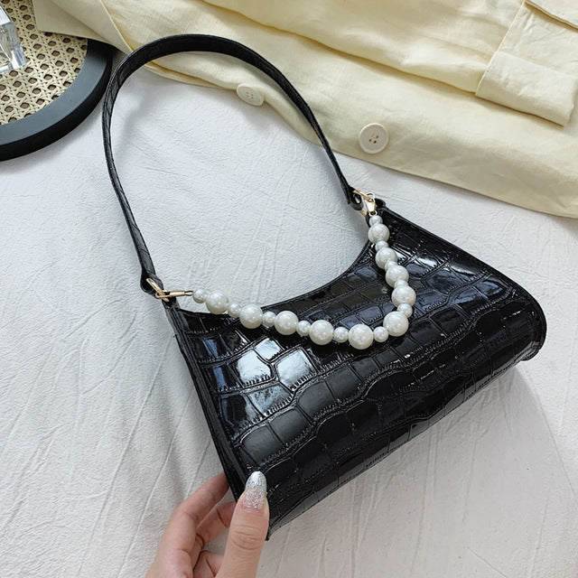 Armpit Bag Women Retro Handbag PU Leather Underarm Shoulder Bag Fashion Pearl Top Handle Bag Female Small Subaxillary Bag Clutch