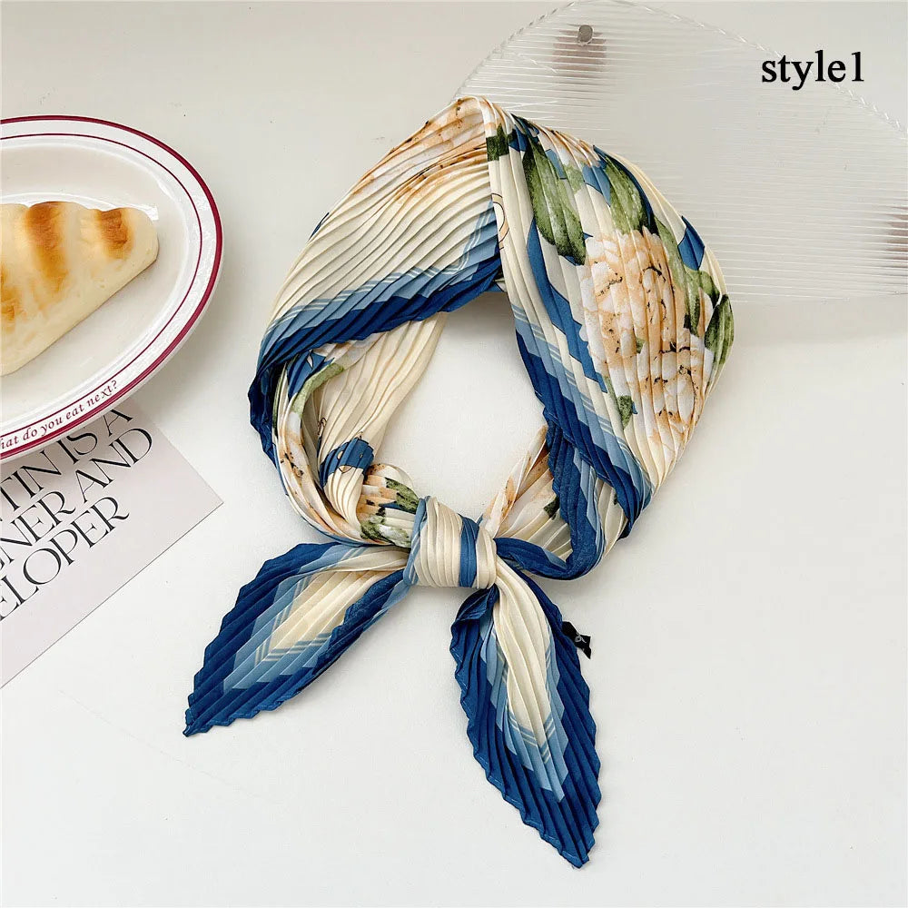 Crinkle Square Silky Neck Scarf Colorful Lady Satin Head Wraps Neckerchief Flower Printed Hair Scarf Elegant Pleated Neck Scarf