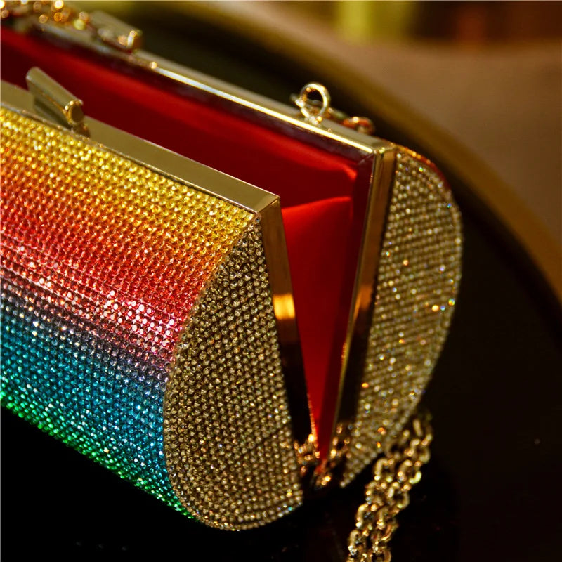 Rainbow Rhinestone Purse Evening Bags for Women Luxury Party Handbag for Wedding Clutch Bag Diamond Cylinder Shoulder Bag