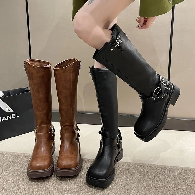 Vintage Buckle Cowgirl Western Boots Women Suqare Toe Platform Knee High Boots Woman PU Leather Middle Heels Long Botas De Mujer