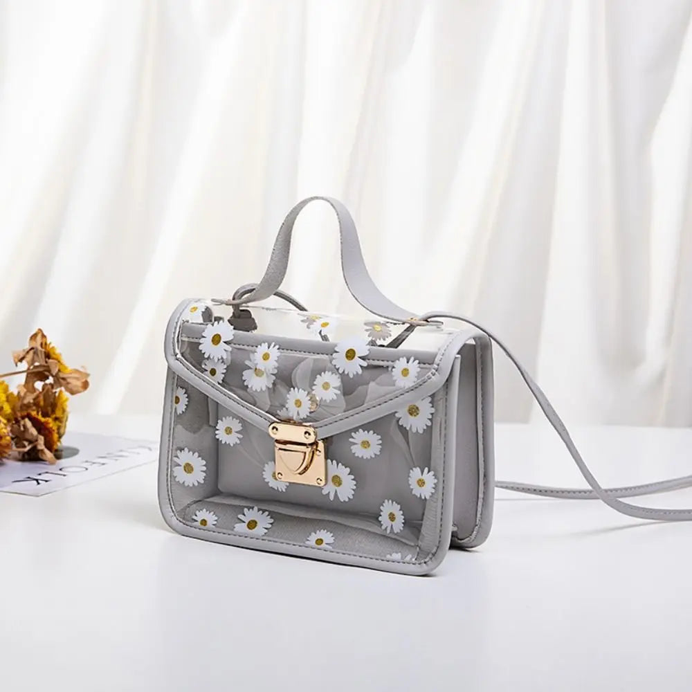 Fashion Women Transparent Daisy Pattern Shoulder Bag Hardware Chain Strap Messenger Handbag Composite Tote