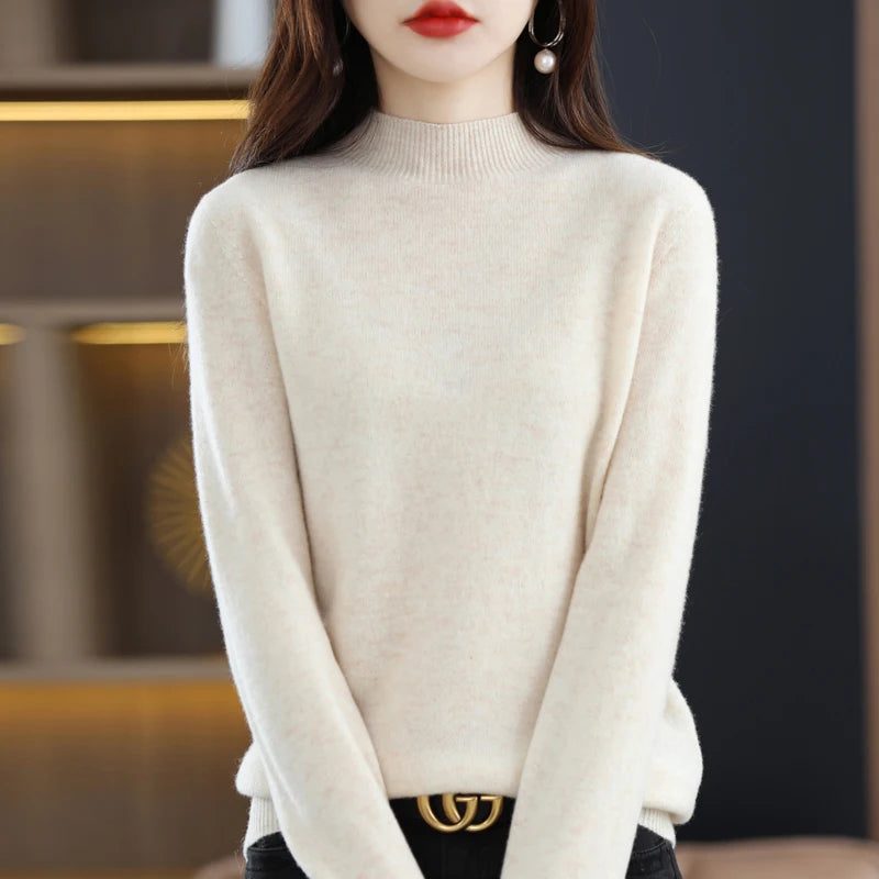 100% merino wool cashmere sweater women's sweater semi-high-necked long-sleeved pullover warm pullover in autumn and winter